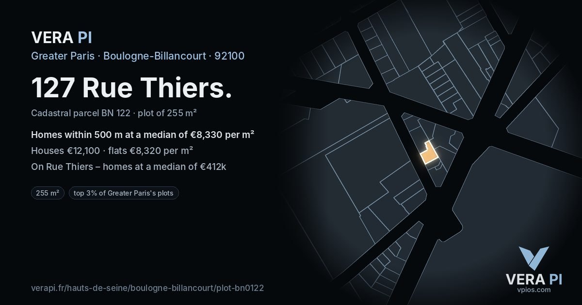 127 Rue Thiers, Boulogne-Billancourt at night – the plot lit, the parcels around coloured by the prices near them