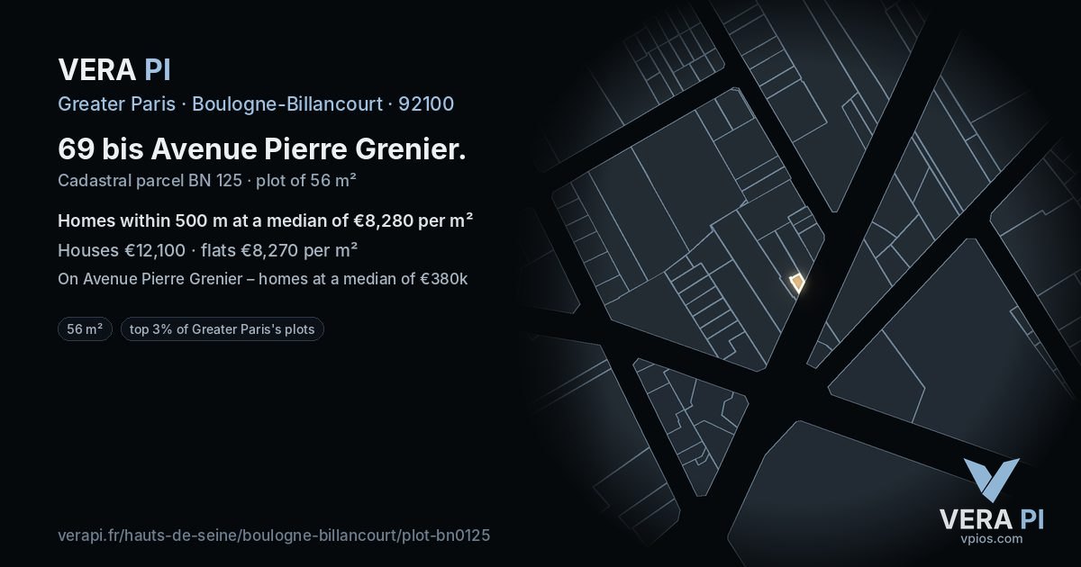 69 bis Avenue Pierre Grenier, Boulogne-Billancourt at night – the plot lit, the parcels around coloured by the prices near them