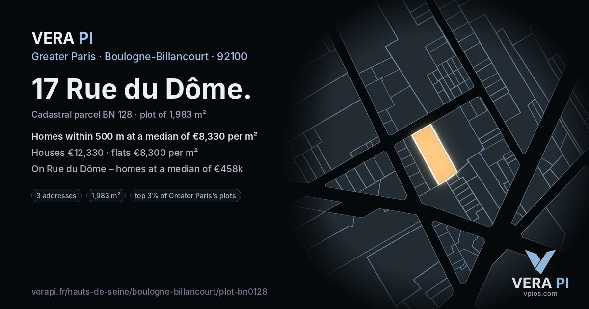 17 Rue du Dôme, Boulogne-Billancourt at night – the plot lit, the parcels around coloured by the prices near them