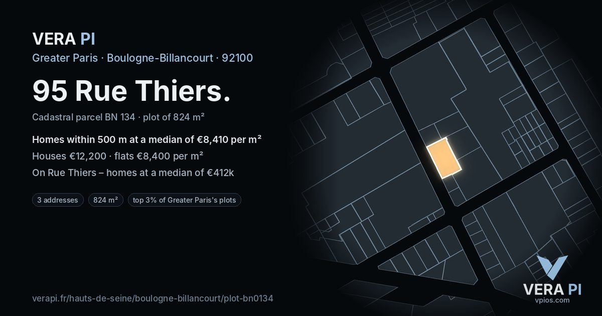 95 Rue Thiers, Boulogne-Billancourt at night – the plot lit, the parcels around coloured by the prices near them