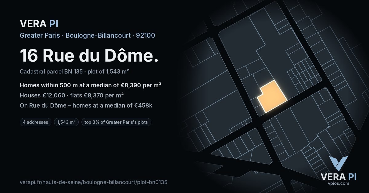 16 Rue du Dôme, Boulogne-Billancourt at night – the plot lit, the parcels around coloured by the prices near them