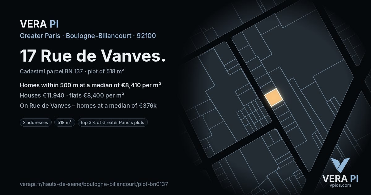 17 Rue de Vanves, Boulogne-Billancourt at night – the plot lit, the parcels around coloured by the prices near them