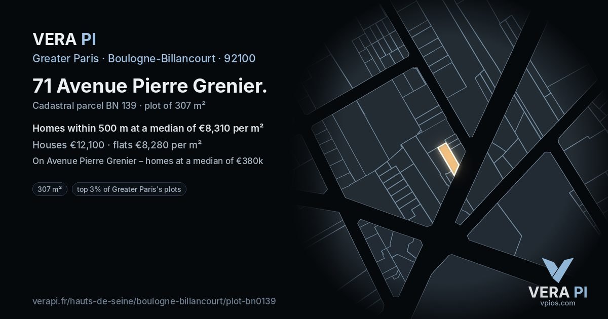 71 Avenue Pierre Grenier, Boulogne-Billancourt at night – the plot lit, the parcels around coloured by the prices near them