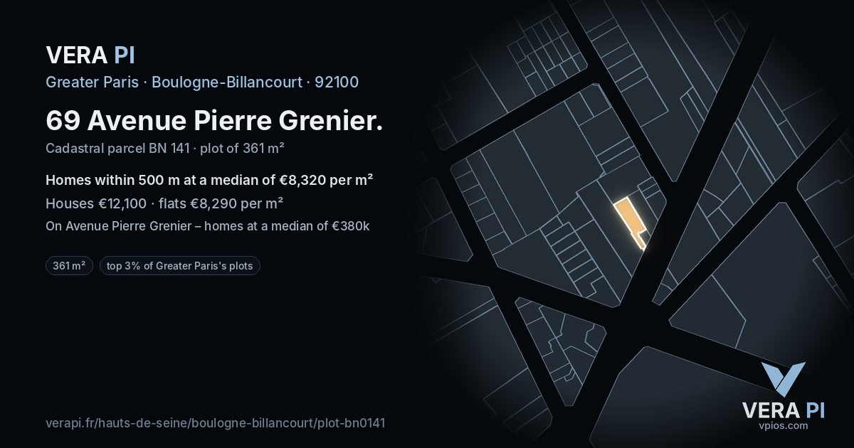 69 Avenue Pierre Grenier, Boulogne-Billancourt at night – the plot lit, the parcels around coloured by the prices near them