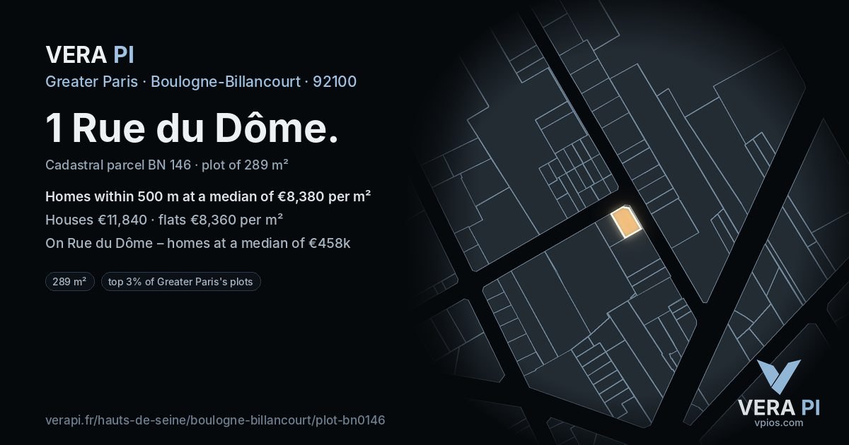 1 Rue du Dôme, Boulogne-Billancourt at night – the plot lit, the parcels around coloured by the prices near them