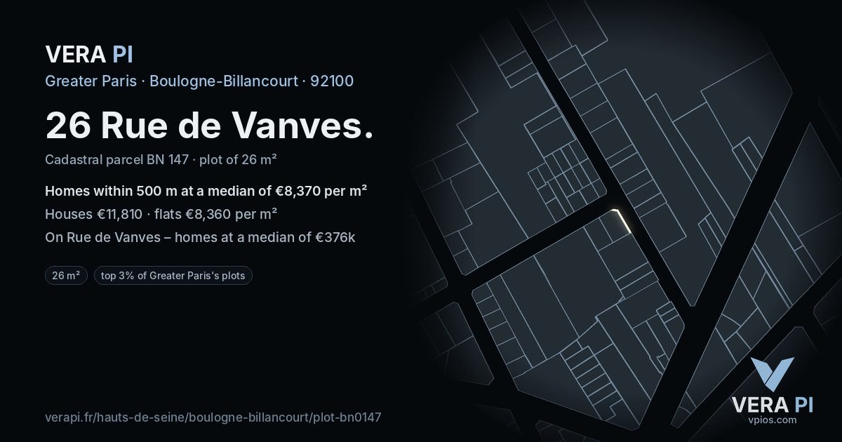 26 Rue de Vanves, Boulogne-Billancourt at night – the plot lit, the parcels around coloured by the prices near them