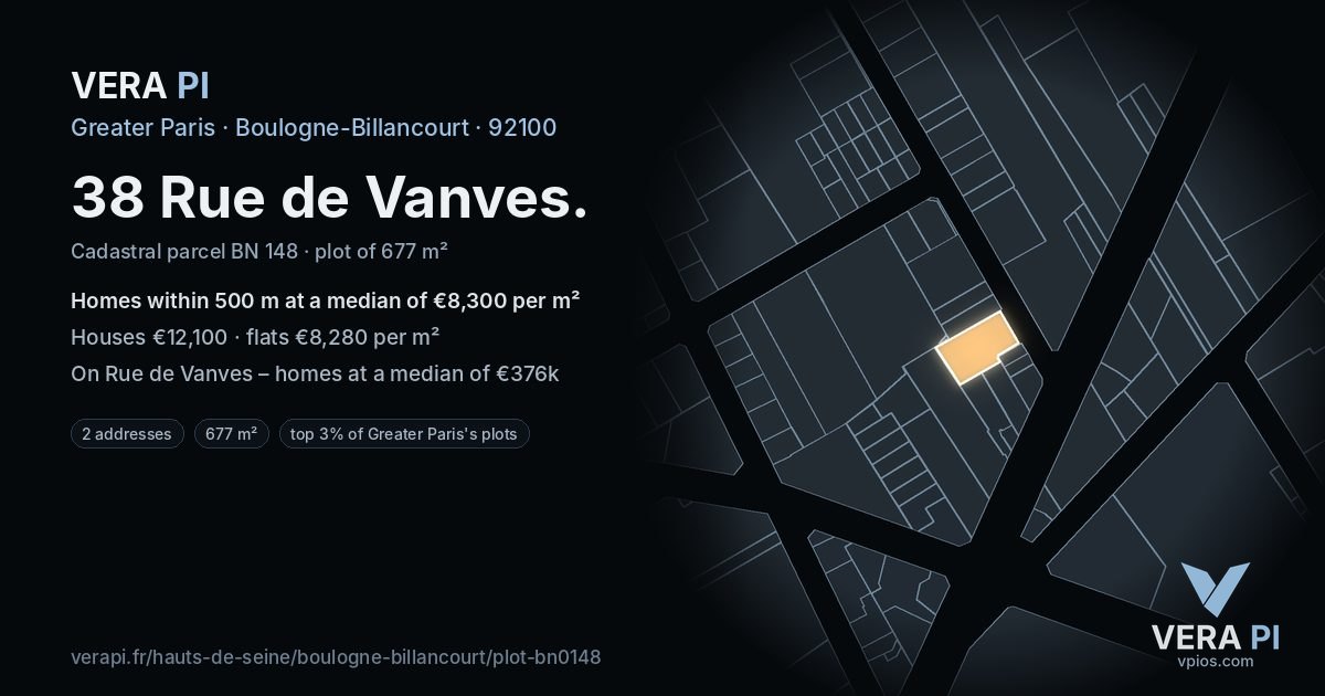 38 Rue de Vanves, Boulogne-Billancourt at night – the plot lit, the parcels around coloured by the prices near them