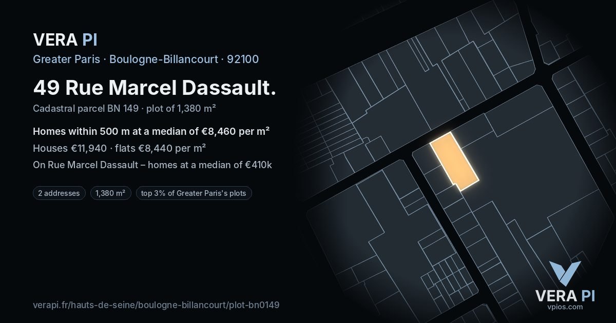 49 Rue Marcel Dassault, Boulogne-Billancourt at night – the plot lit, the parcels around coloured by the prices near them