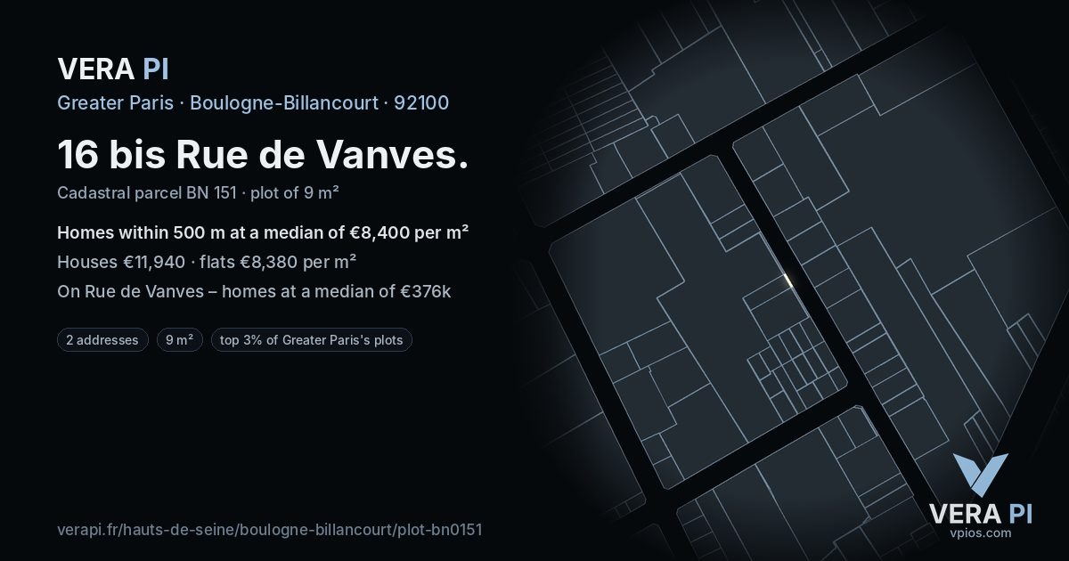 16 bis Rue de Vanves, Boulogne-Billancourt at night – the plot lit, the parcels around coloured by the prices near them