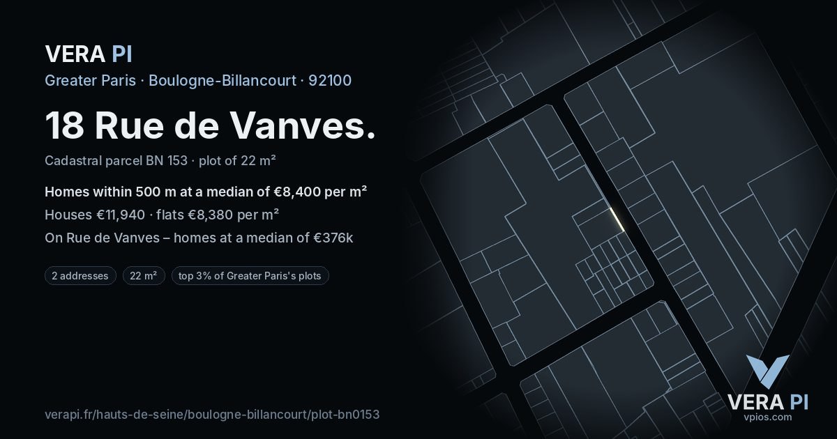 18 Rue de Vanves, Boulogne-Billancourt at night – the plot lit, the parcels around coloured by the prices near them