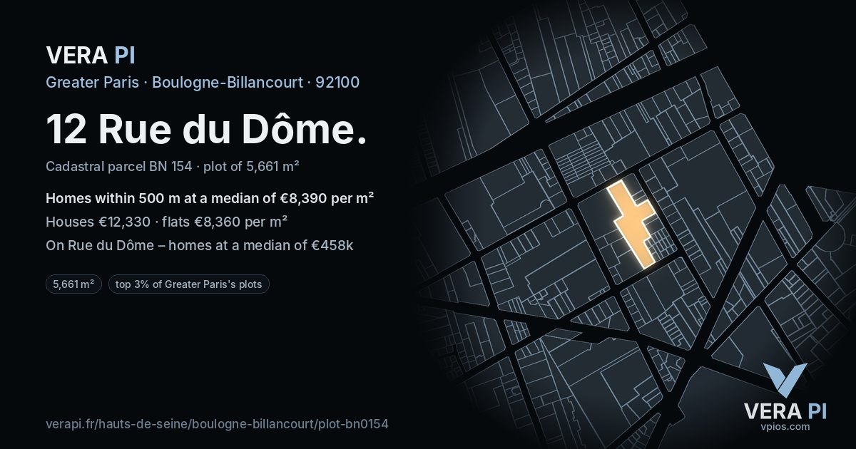 12 Rue du Dôme, Boulogne-Billancourt at night – the plot lit, the parcels around coloured by the prices near them
