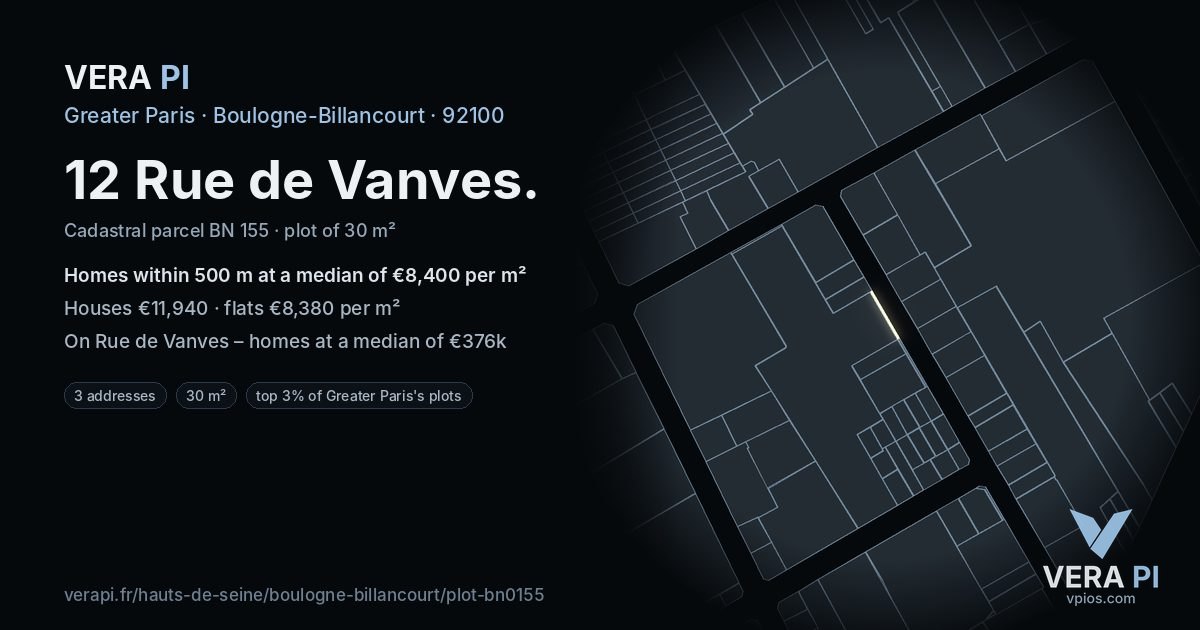 12 Rue de Vanves, Boulogne-Billancourt at night – the plot lit, the parcels around coloured by the prices near them