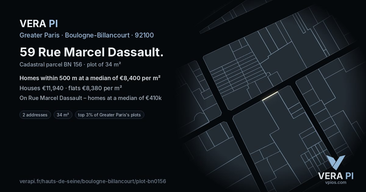 59 Rue Marcel Dassault, Boulogne-Billancourt at night – the plot lit, the parcels around coloured by the prices near them