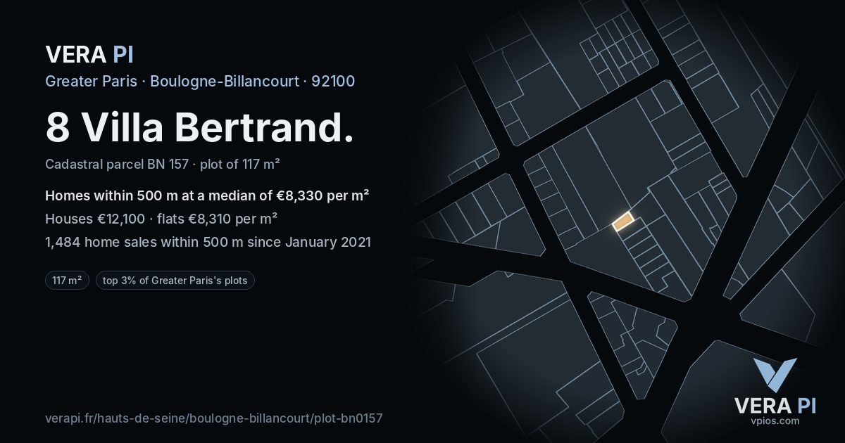 8 Villa Bertrand, Boulogne-Billancourt at night – the plot lit, the parcels around coloured by the prices near them