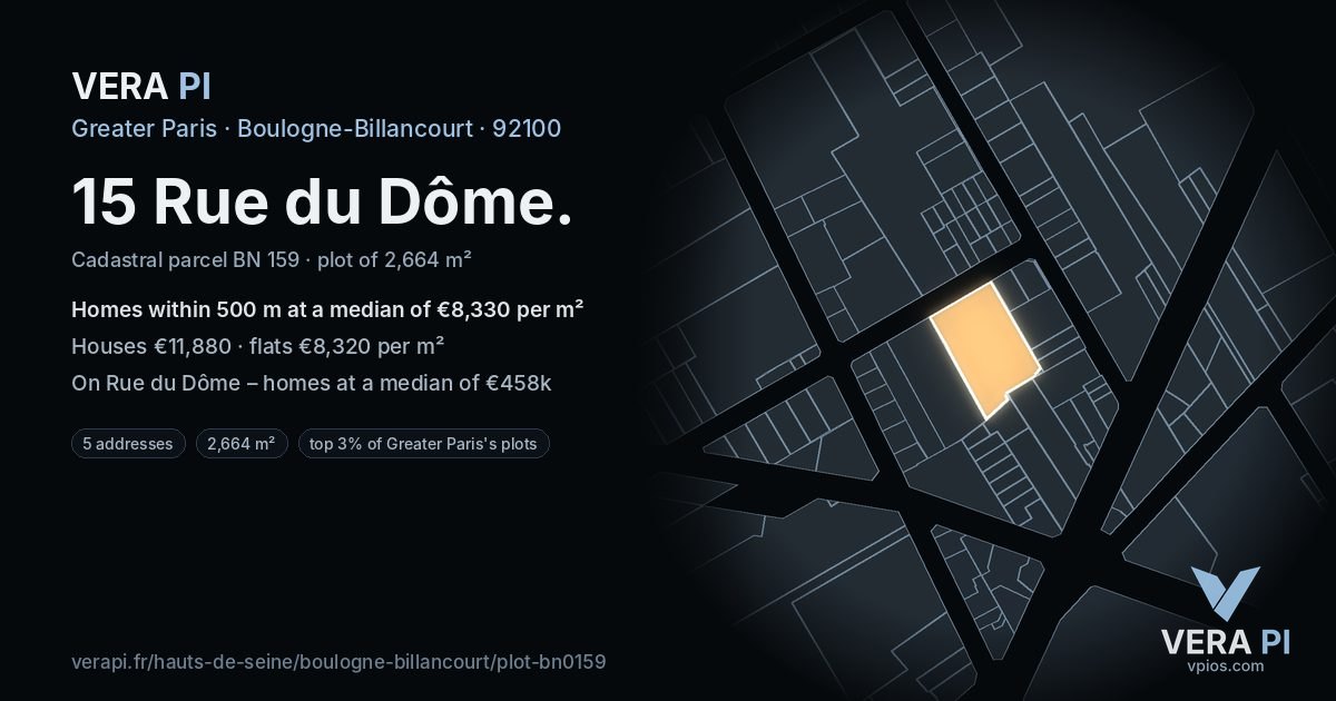 15 Rue du Dôme, Boulogne-Billancourt at night – the plot lit, the parcels around coloured by the prices near them
