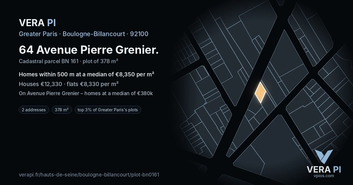 64 Avenue Pierre Grenier, Boulogne-Billancourt at night – the plot lit, the parcels around coloured by the prices near them