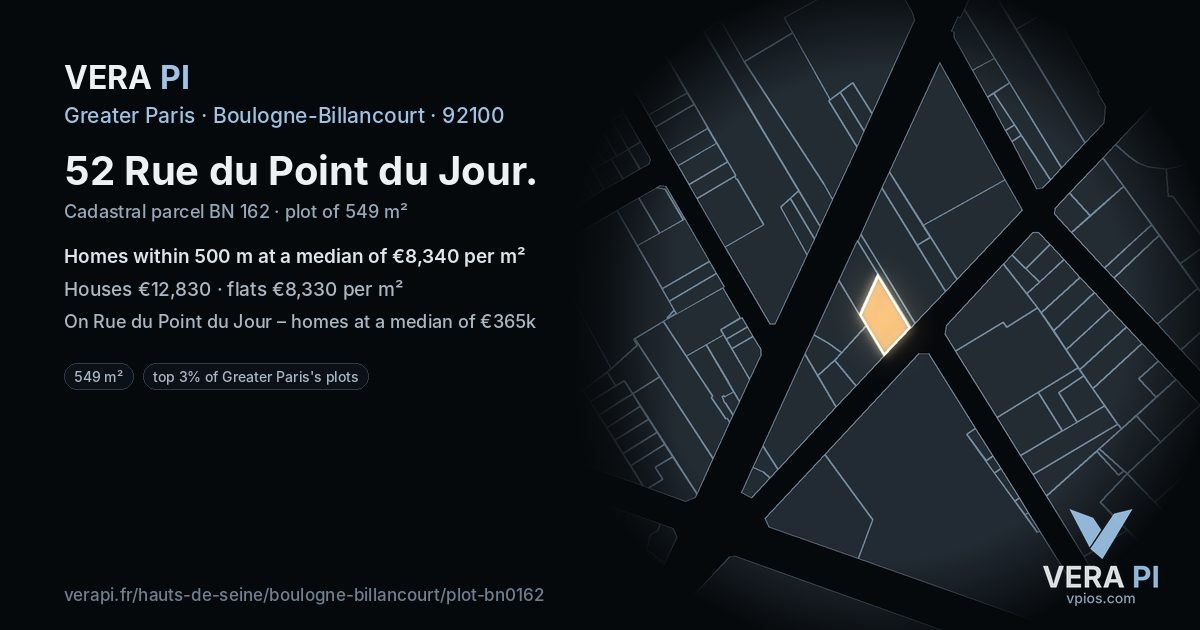 52 Rue du Point du Jour, Boulogne-Billancourt at night – the plot lit, the parcels around coloured by the prices near them
