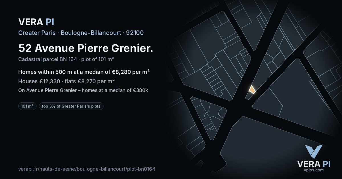 52 Avenue Pierre Grenier, Boulogne-Billancourt at night – the plot lit, the parcels around coloured by the prices near them