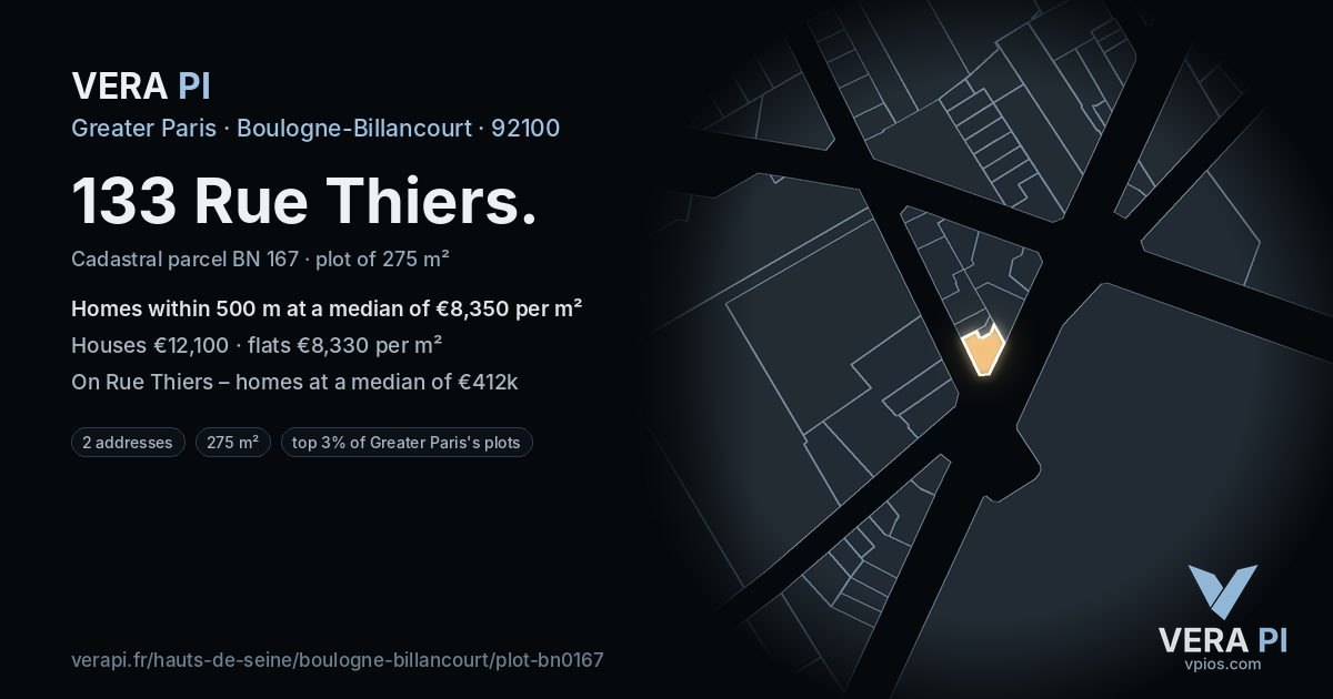 133 Rue Thiers, Boulogne-Billancourt at night – the plot lit, the parcels around coloured by the prices near them