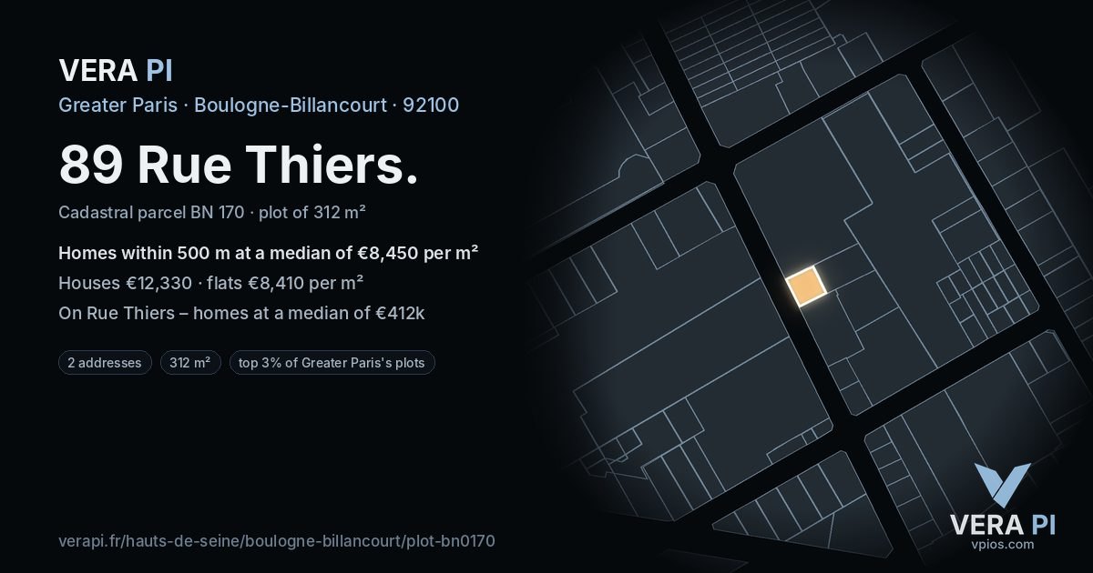 89 Rue Thiers, Boulogne-Billancourt at night – the plot lit, the parcels around coloured by the prices near them