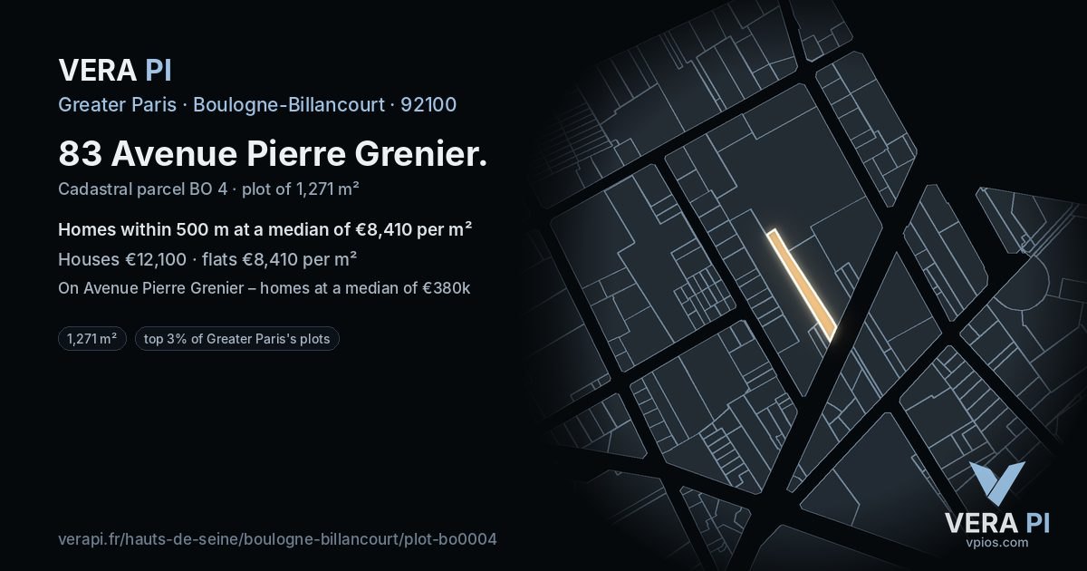 83 Avenue Pierre Grenier, Boulogne-Billancourt at night – the plot lit, the parcels around coloured by the prices near them