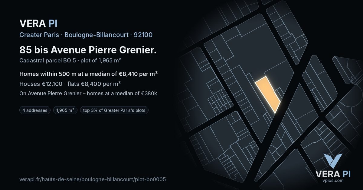 85 bis Avenue Pierre Grenier, Boulogne-Billancourt at night – the plot lit, the parcels around coloured by the prices near them