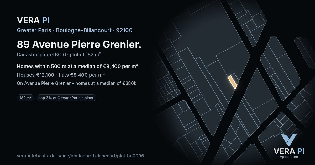 89 Avenue Pierre Grenier, Boulogne-Billancourt at night – the plot lit, the parcels around coloured by the prices near them