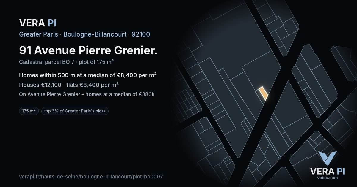 91 Avenue Pierre Grenier, Boulogne-Billancourt at night – the plot lit, the parcels around coloured by the prices near them
