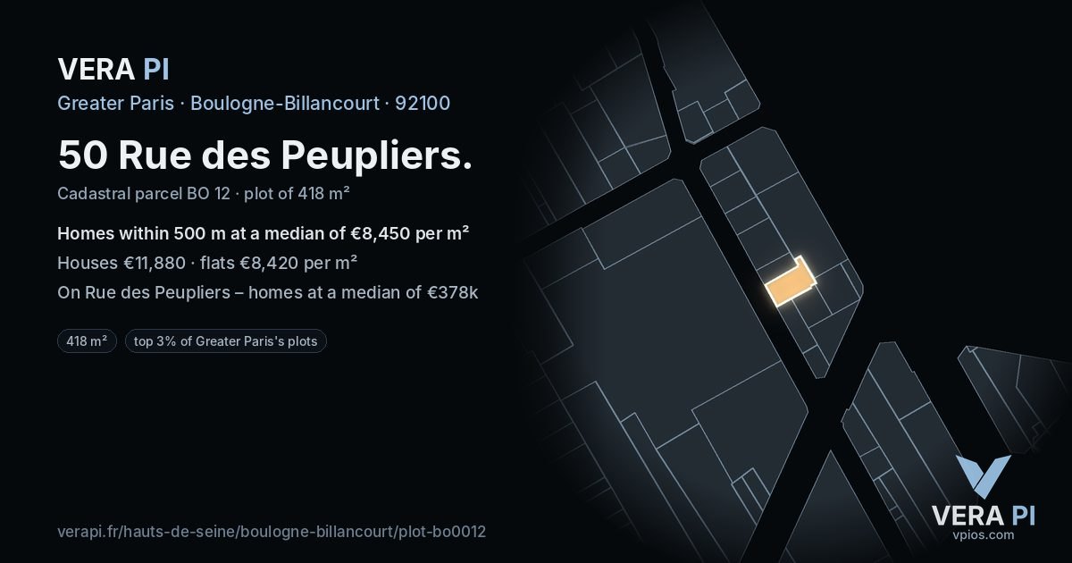 50 Rue des Peupliers, Boulogne-Billancourt at night – the plot lit, the parcels around coloured by the prices near them