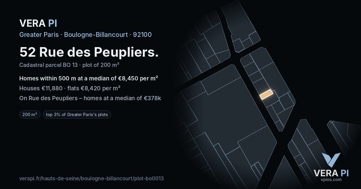 52 Rue des Peupliers, Boulogne-Billancourt at night – the plot lit, the parcels around coloured by the prices near them