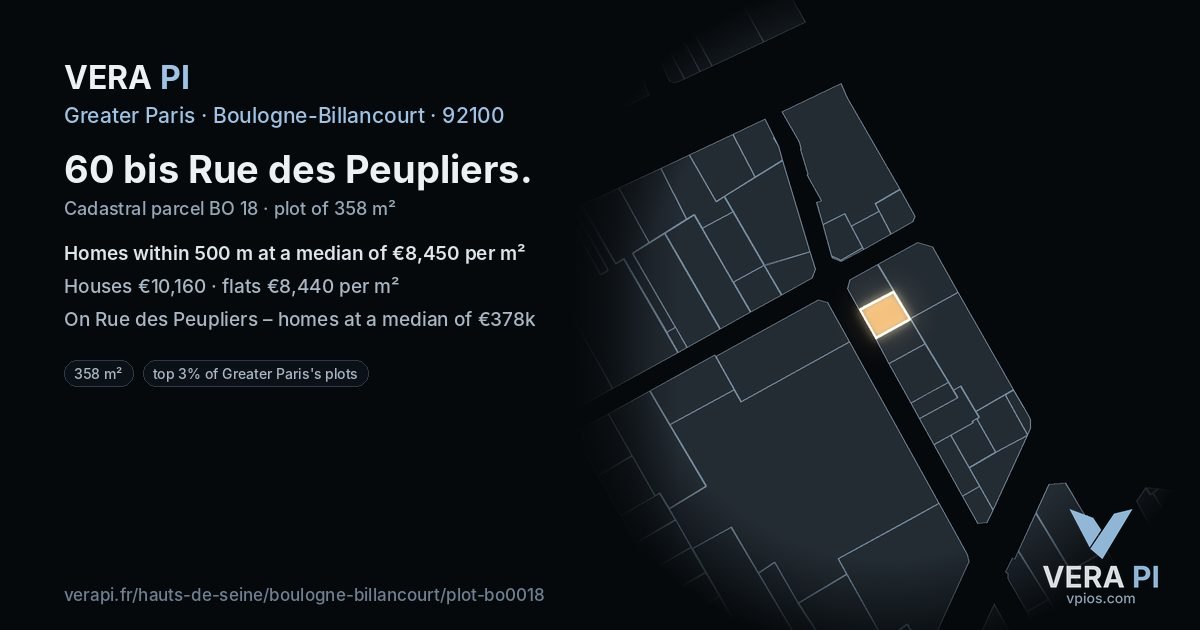 60 bis Rue des Peupliers, Boulogne-Billancourt at night – the plot lit, the parcels around coloured by the prices near them