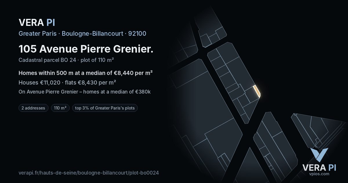 105 Avenue Pierre Grenier, Boulogne-Billancourt at night – the plot lit, the parcels around coloured by the prices near them