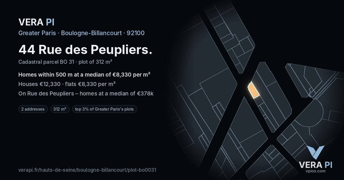 44 Rue des Peupliers, Boulogne-Billancourt at night – the plot lit, the parcels around coloured by the prices near them