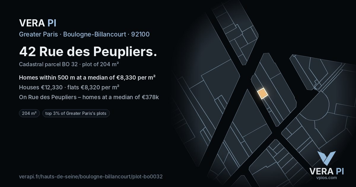 42 Rue des Peupliers, Boulogne-Billancourt at night – the plot lit, the parcels around coloured by the prices near them