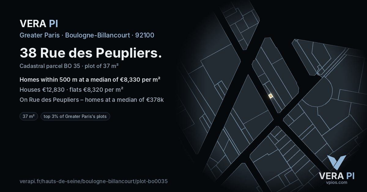38 Rue des Peupliers, Boulogne-Billancourt at night – the plot lit, the parcels around coloured by the prices near them