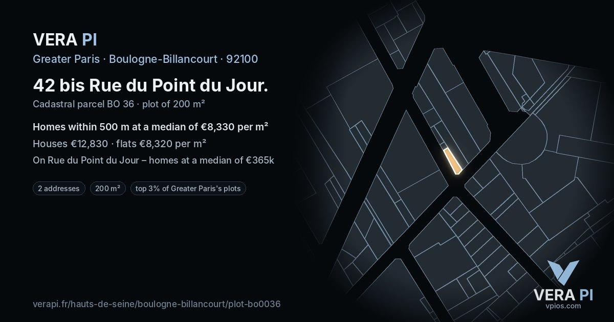 42 bis Rue du Point du Jour, Boulogne-Billancourt at night – the plot lit, the parcels around coloured by the prices near them