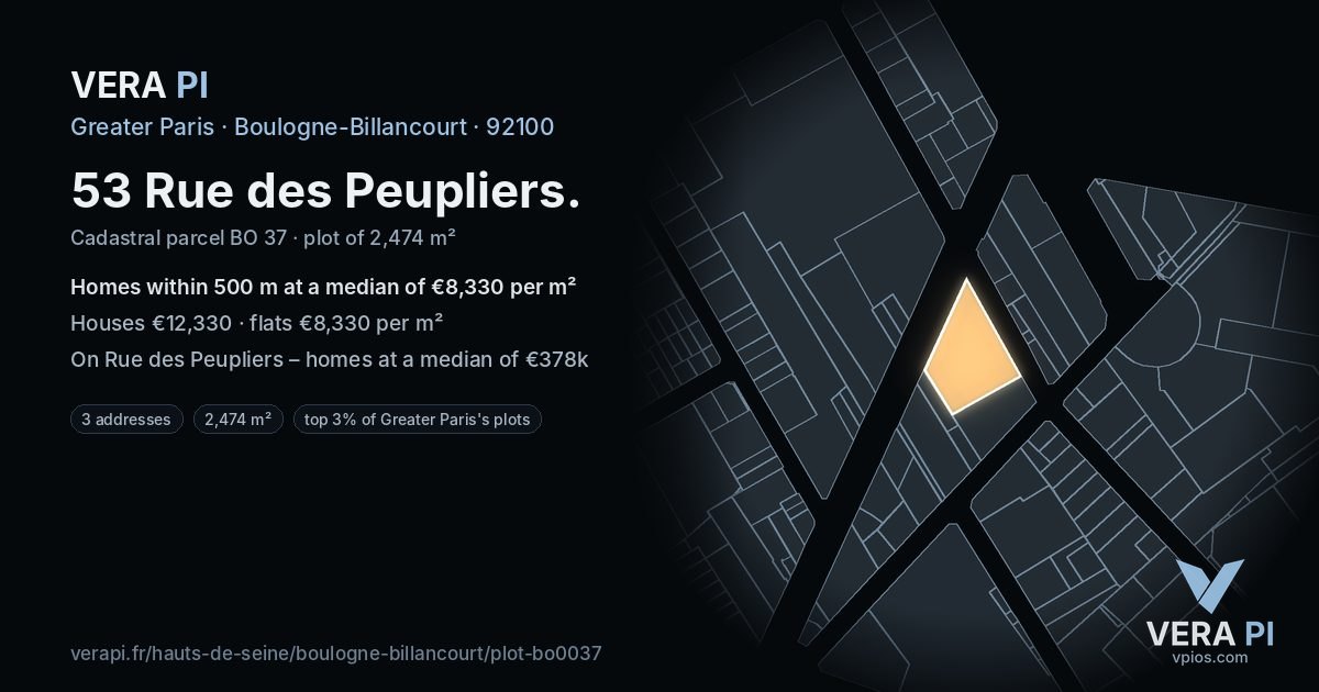 53 Rue des Peupliers, Boulogne-Billancourt at night – the plot lit, the parcels around coloured by the prices near them