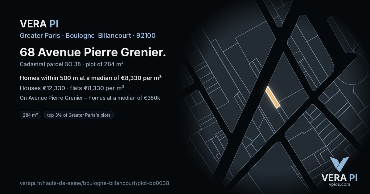 68 Avenue Pierre Grenier, Boulogne-Billancourt at night – the plot lit, the parcels around coloured by the prices near them