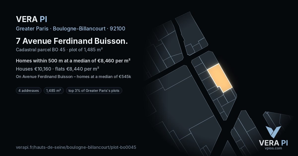 7 Avenue Ferdinand Buisson, Boulogne-Billancourt at night – the plot lit, the parcels around coloured by the prices near them