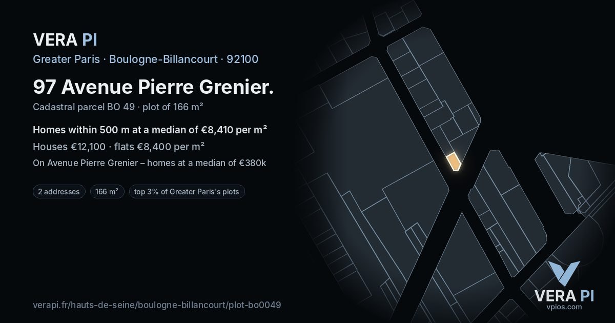 97 Avenue Pierre Grenier, Boulogne-Billancourt at night – the plot lit, the parcels around coloured by the prices near them