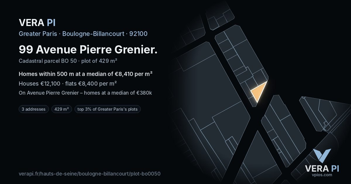 99 Avenue Pierre Grenier, Boulogne-Billancourt at night – the plot lit, the parcels around coloured by the prices near them