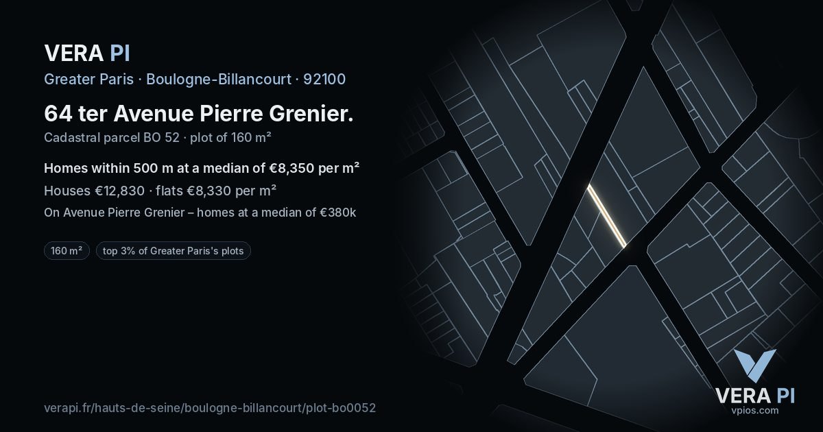 64 ter Avenue Pierre Grenier, Boulogne-Billancourt at night – the plot lit, the parcels around coloured by the prices near them