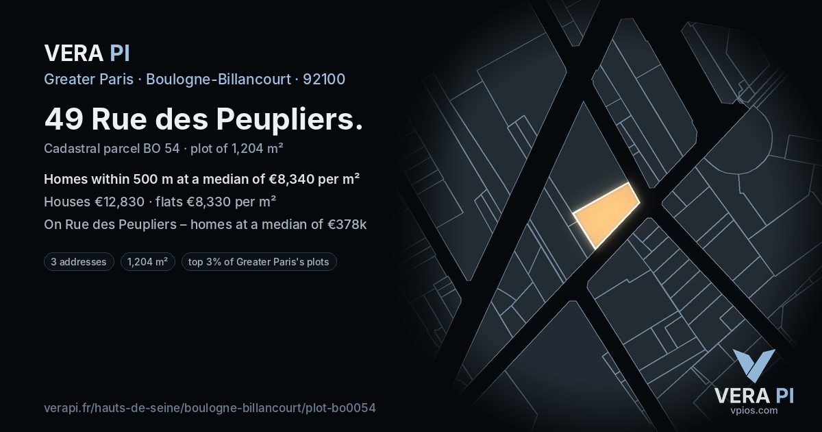 49 Rue des Peupliers, Boulogne-Billancourt at night – the plot lit, the parcels around coloured by the prices near them