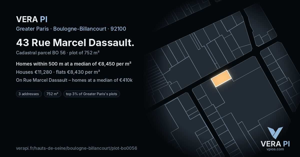 43 Rue Marcel Dassault, Boulogne-Billancourt at night – the plot lit, the parcels around coloured by the prices near them