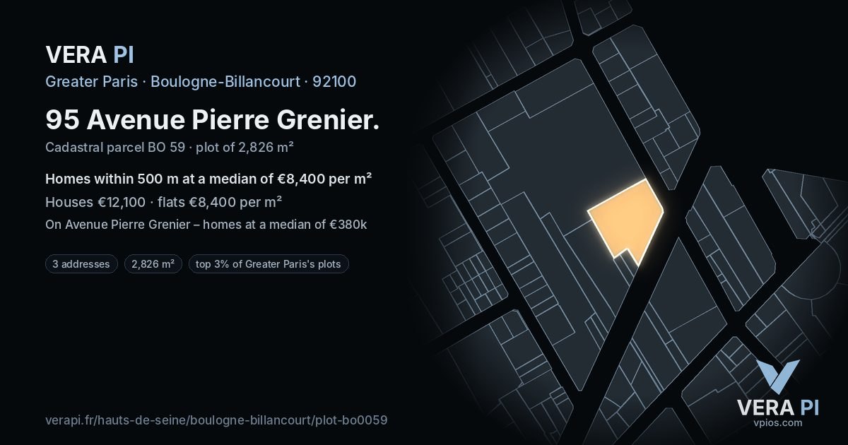 95 Avenue Pierre Grenier, Boulogne-Billancourt at night – the plot lit, the parcels around coloured by the prices near them