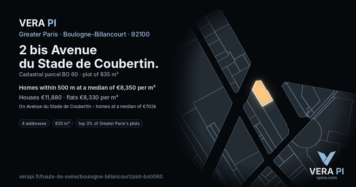 2 bis Avenue du Stade de Coubertin, Boulogne-Billancourt at night – the plot lit, the parcels around coloured by the prices near them