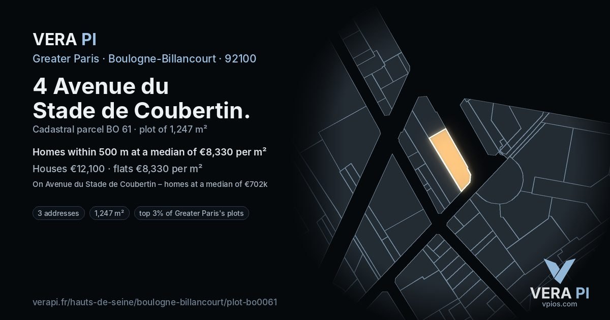 4 Avenue du Stade de Coubertin, Boulogne-Billancourt at night – the plot lit, the parcels around coloured by the prices near them