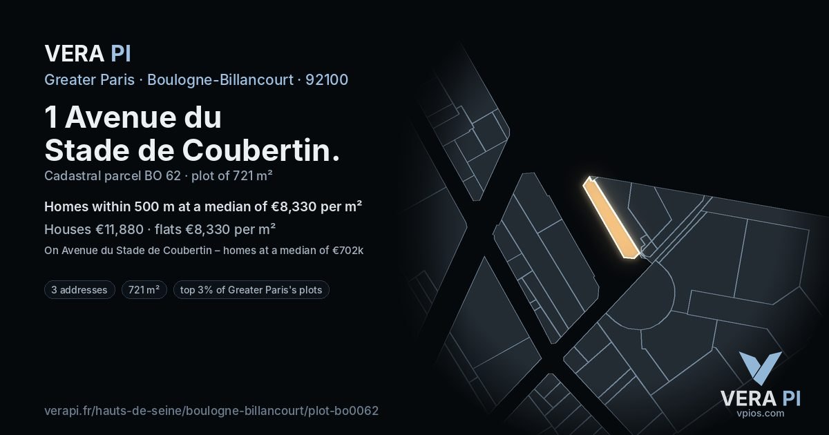 1 Avenue du Stade de Coubertin, Boulogne-Billancourt at night – the plot lit, the parcels around coloured by the prices near them