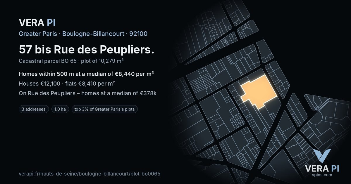 57 bis Rue des Peupliers, Boulogne-Billancourt at night – the plot lit, the parcels around coloured by the prices near them