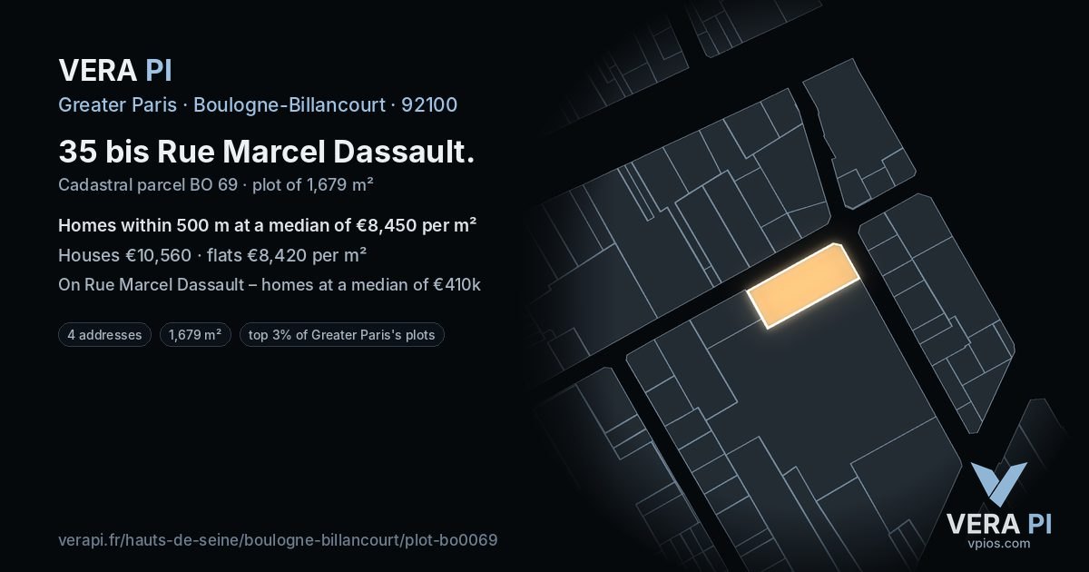 35 bis Rue Marcel Dassault, Boulogne-Billancourt at night – the plot lit, the parcels around coloured by the prices near them